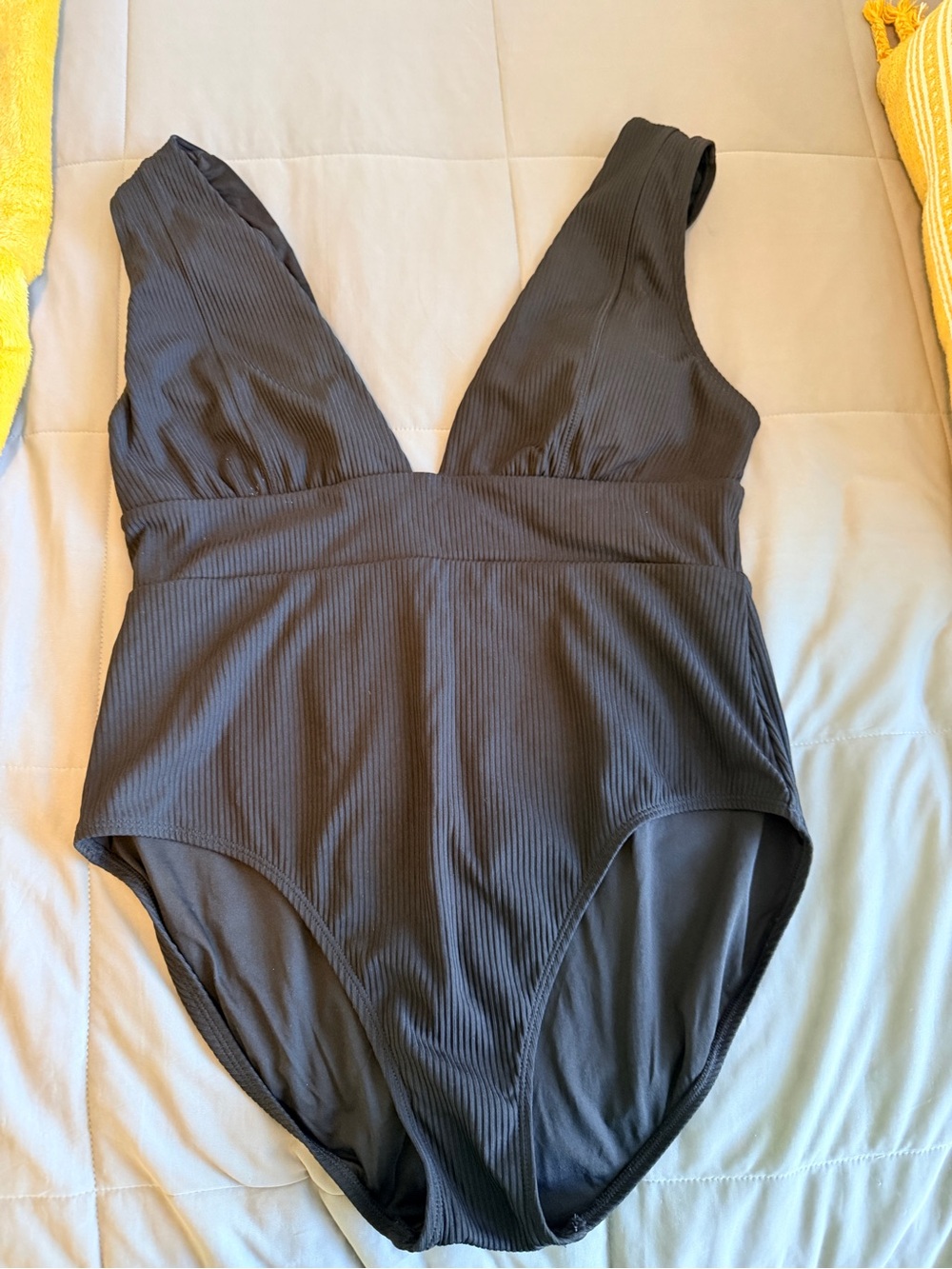 Andie Swim Black Ribbed Plunge One Piece Swimsuit - XL long torso